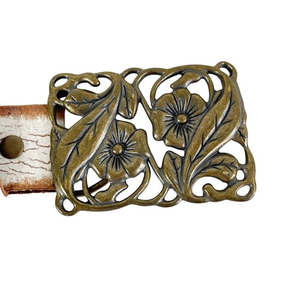 White Distressed Leather Belt with Boho Brass Floral Buckle by Goorin, Size M/L - Picture 7 of 8